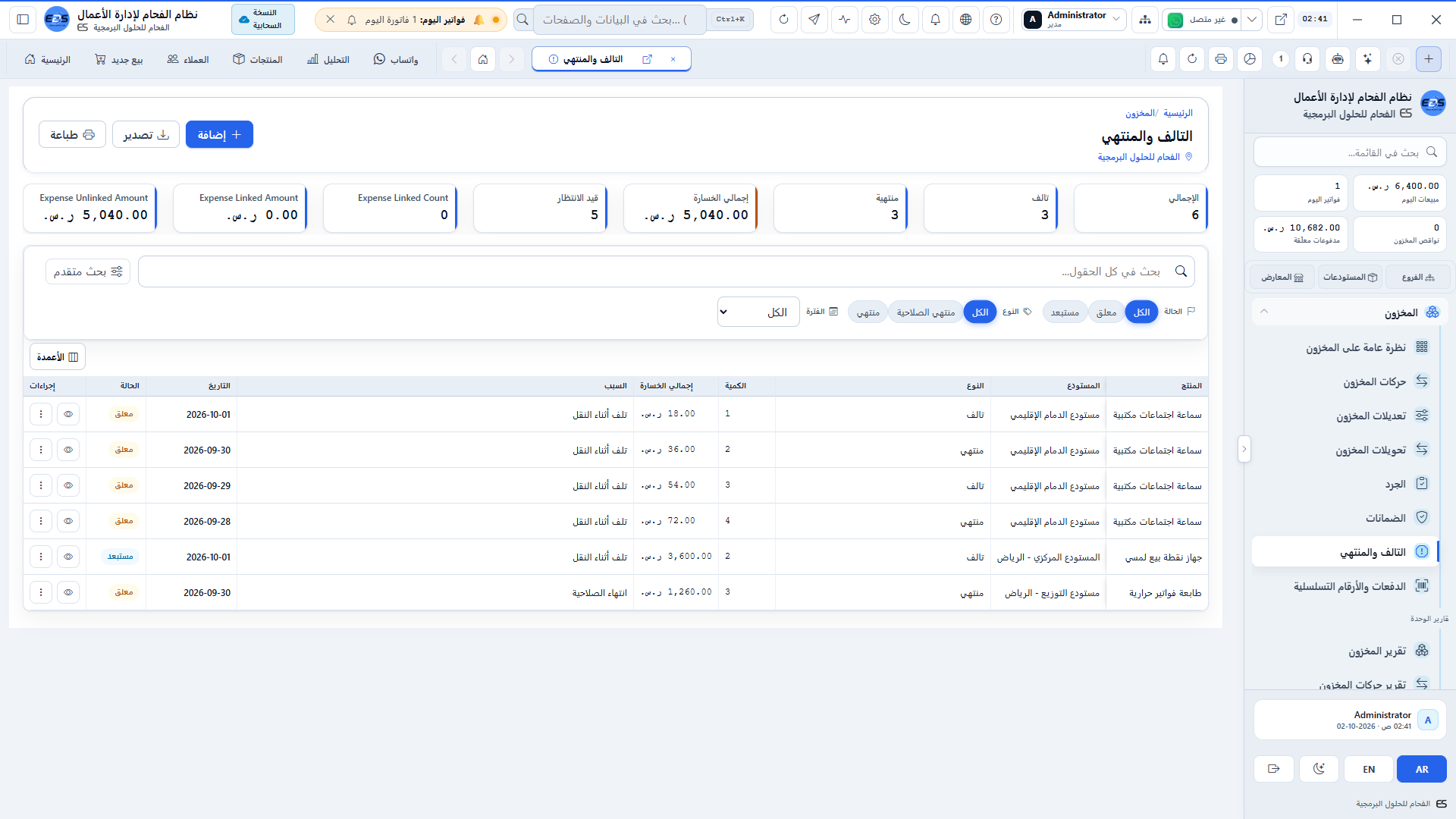 تالف المخزون ومنتهي الصلاحية - حجر الأصناف التالفة، اعتمادات الإتلاف، والفاقد