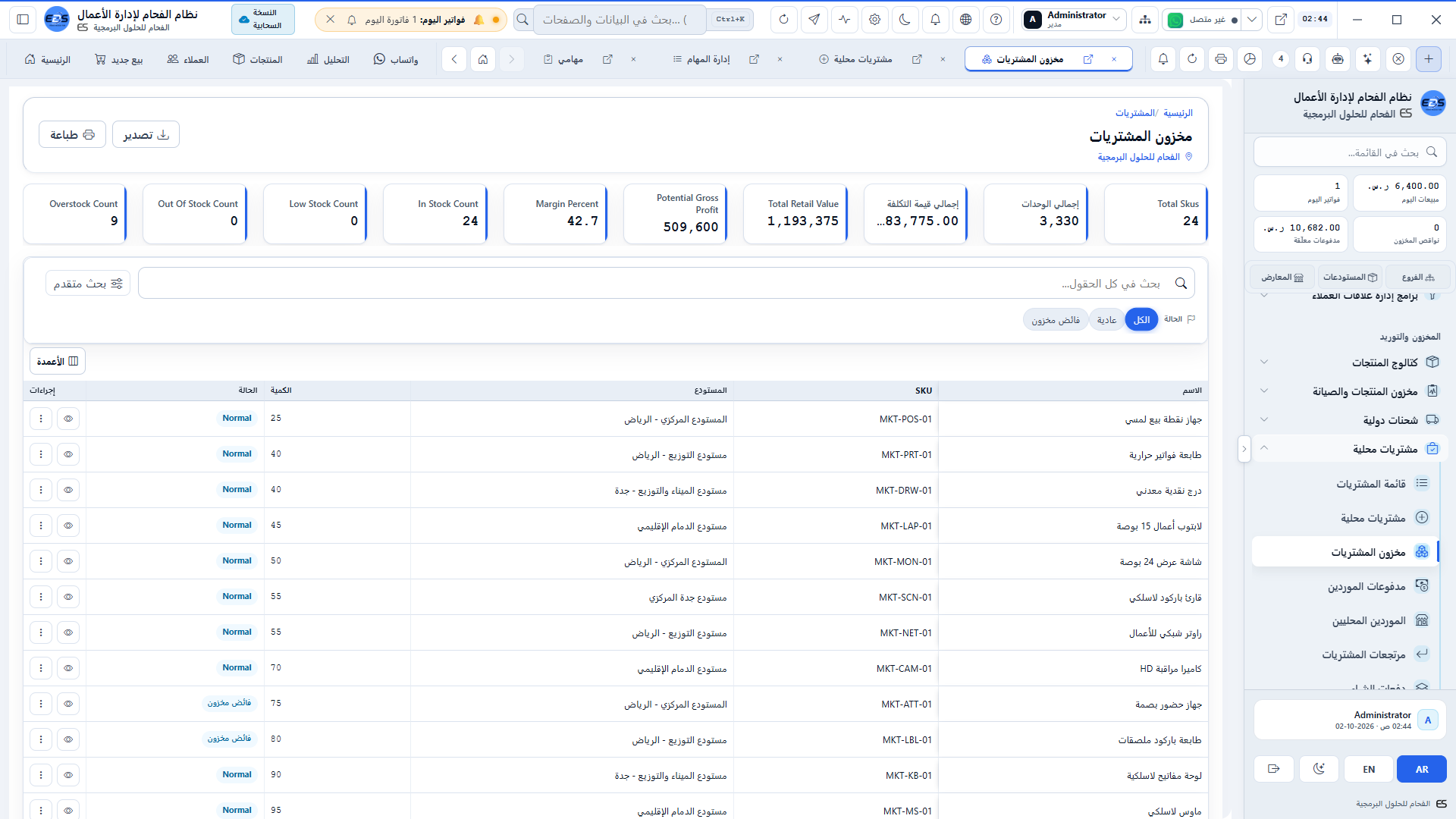 فحص واستلام المشتريات - الفحص الفني، مطابقة الباركود، وإدخال المستودع