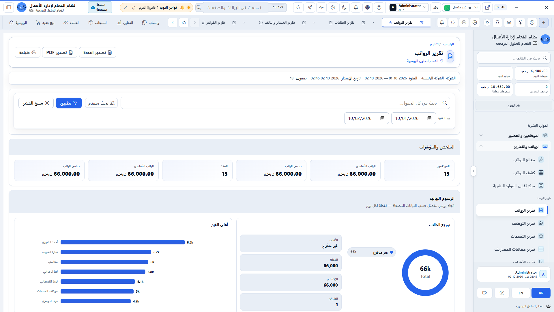 تقارير مسيرات الرواتب والأجور - توزيع الرواتب حسب الأقسام والتكلفة السنوية للعمالة