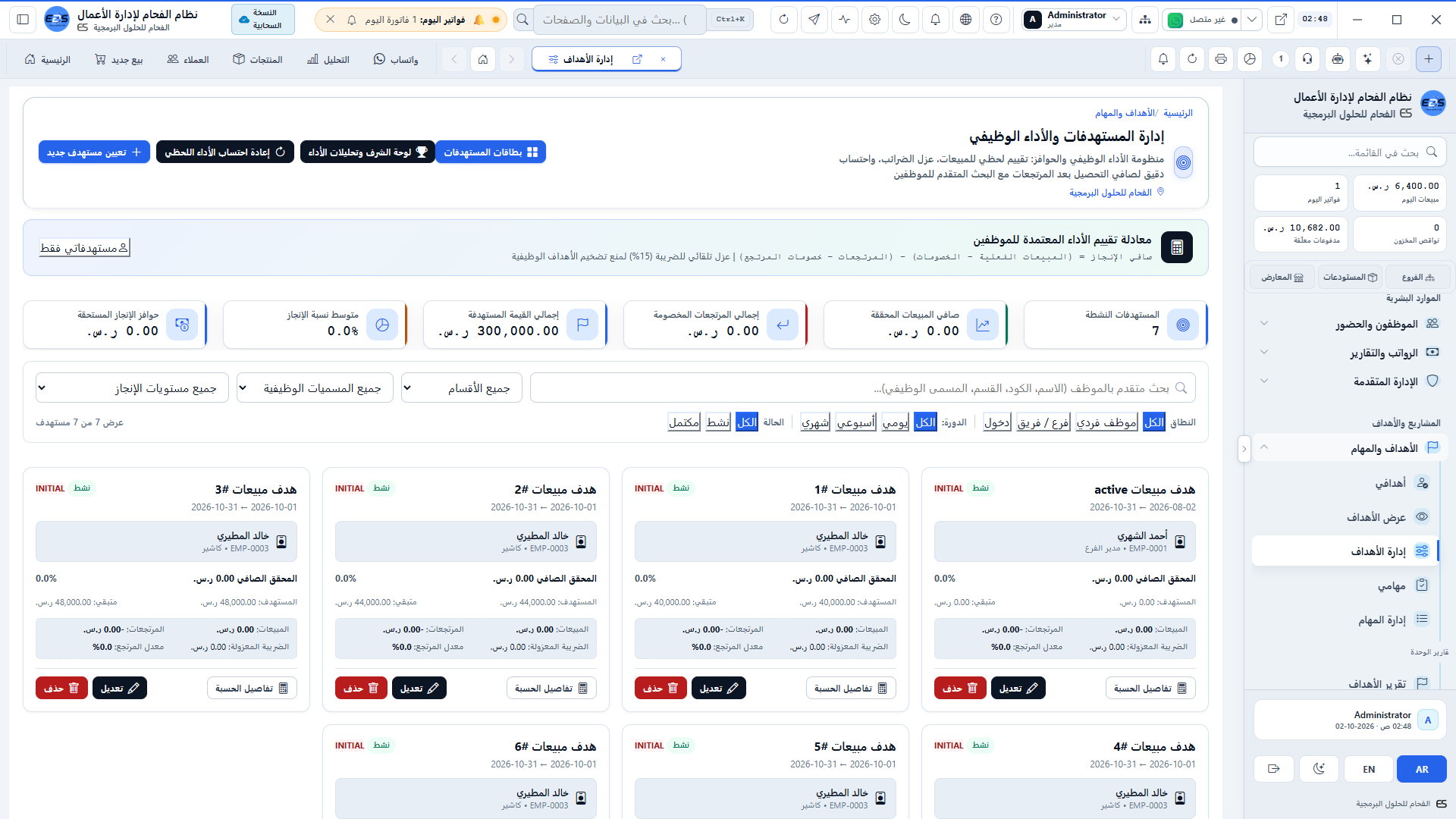إدارة مستهدفات المبيعات - تحديد الأهداف البيعية ونسب العمولات والمكافآت