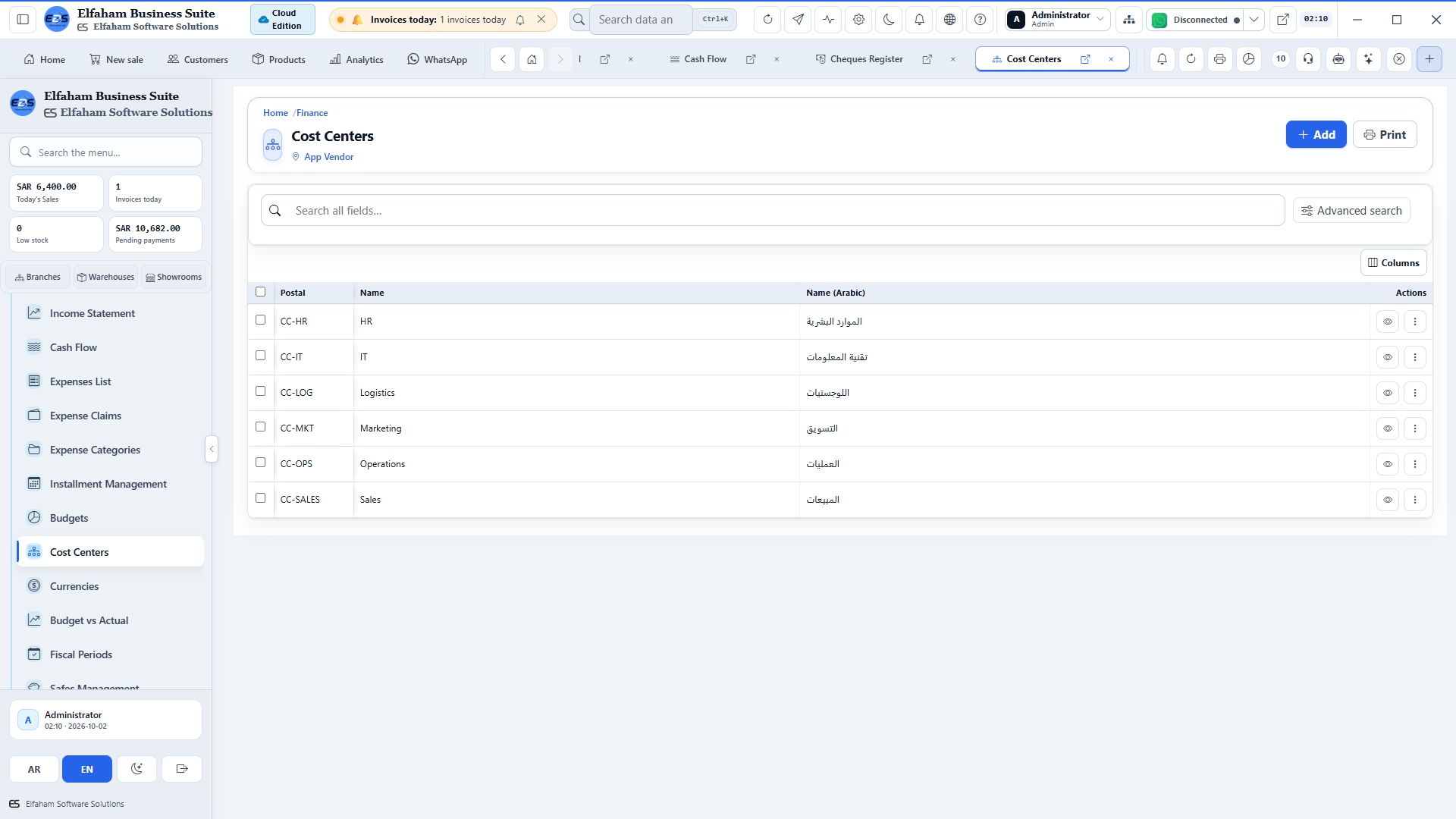 Cost Center Allocation - allocate project and branch expenses to specific centers