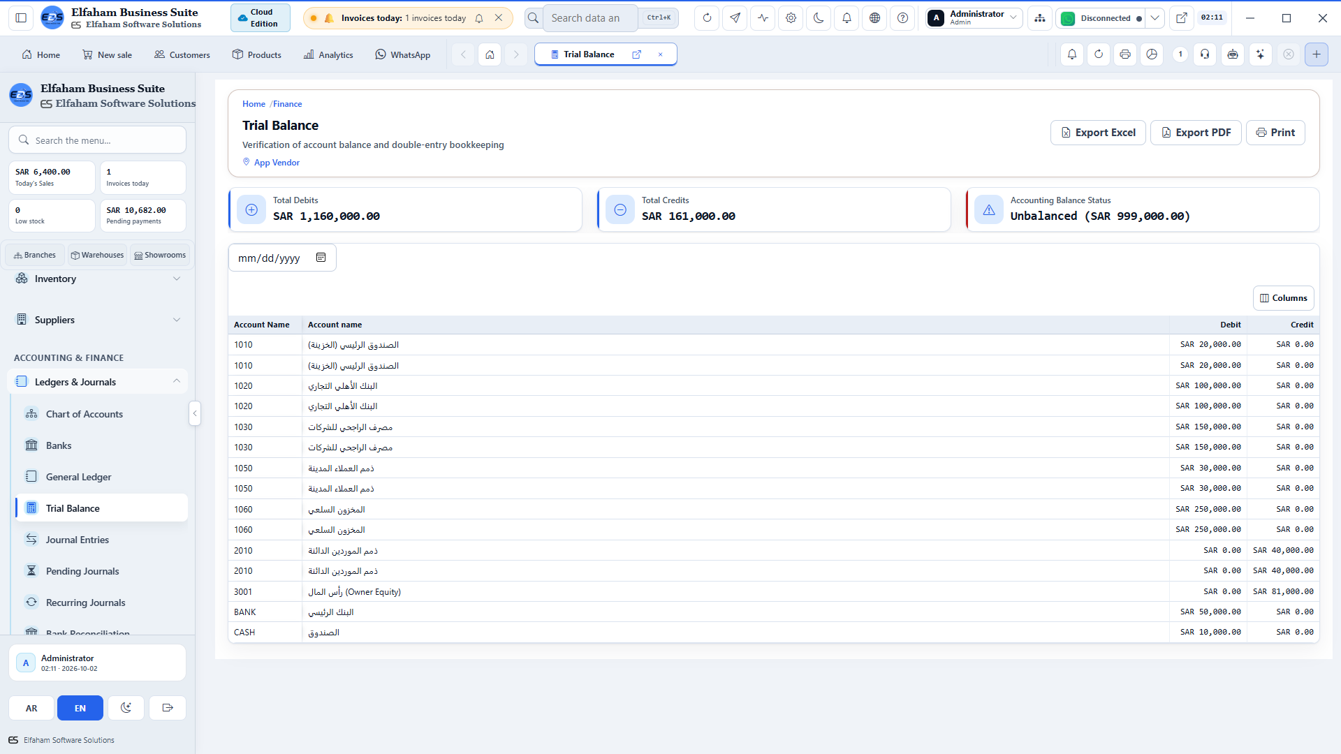 Real-Time Trial Balance - opening balances, movement totals, and ending balances