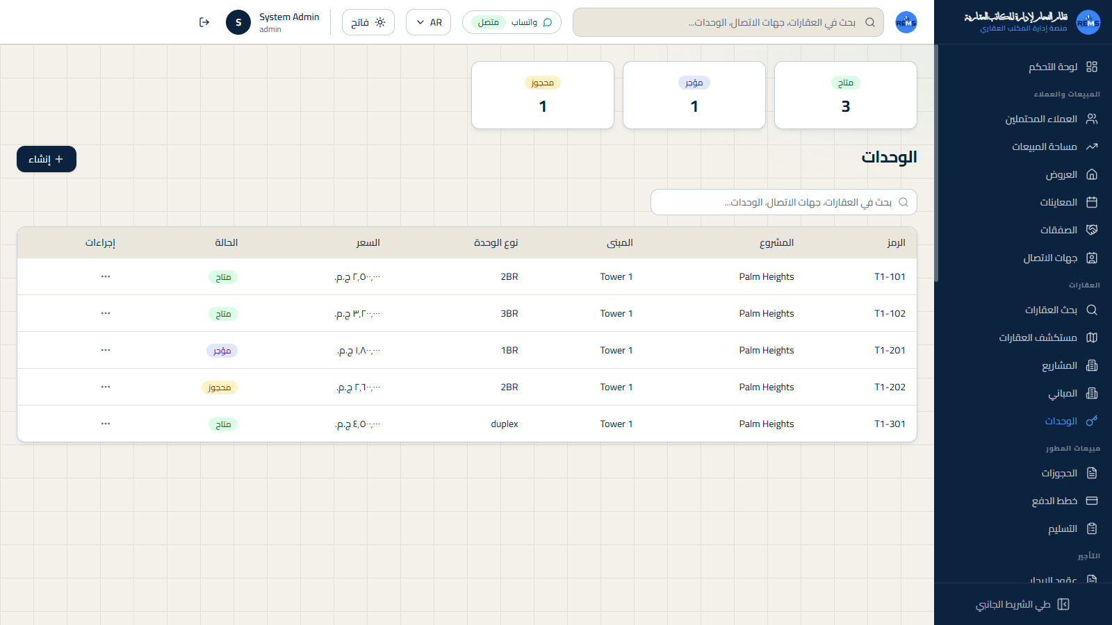 Units - inventory, status, and pricing